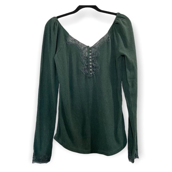 Free People Tops - Free People Square Neck Long Sleeve Lace Inset Top Hunter Green X-Large